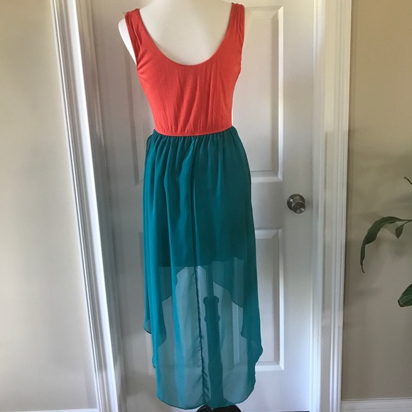 As U Wish Hi-Lo dress Medium.  Orange and Teal - Picture 5 of 7
